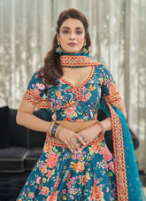 Art Silk Digital Print With Stone Work Lehenga in Teal Blue